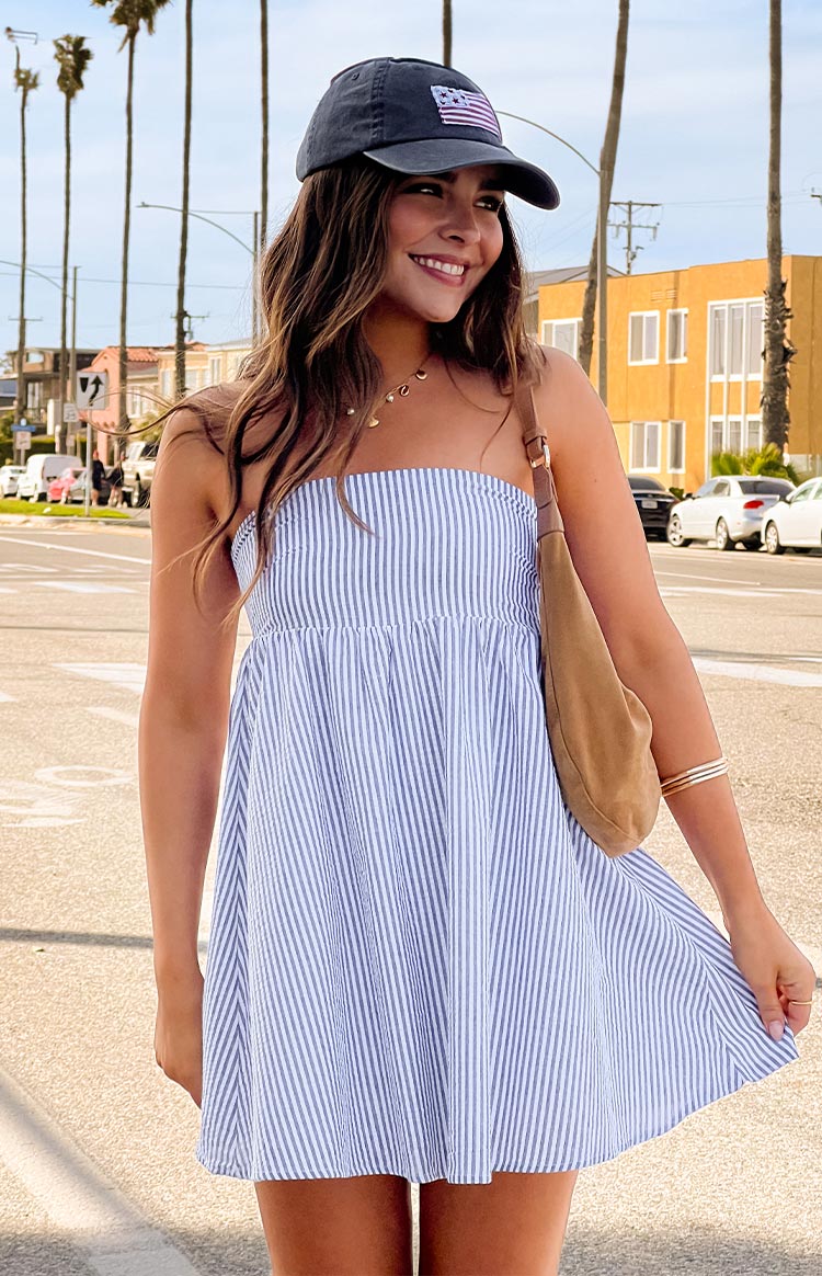 Anderson Blue Stripe Strapless Mini Dress Beginning Boutique US