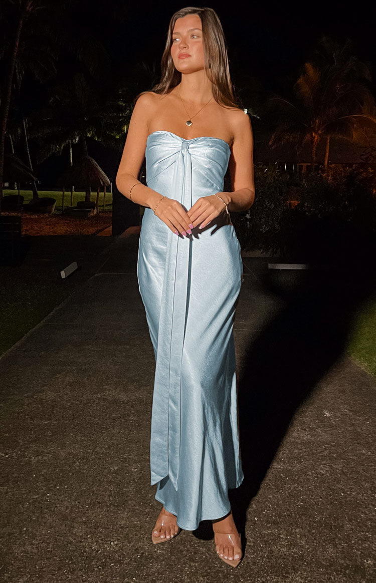 Ariella Blue Satin Strapless Maxi Dress Beginning Boutique US