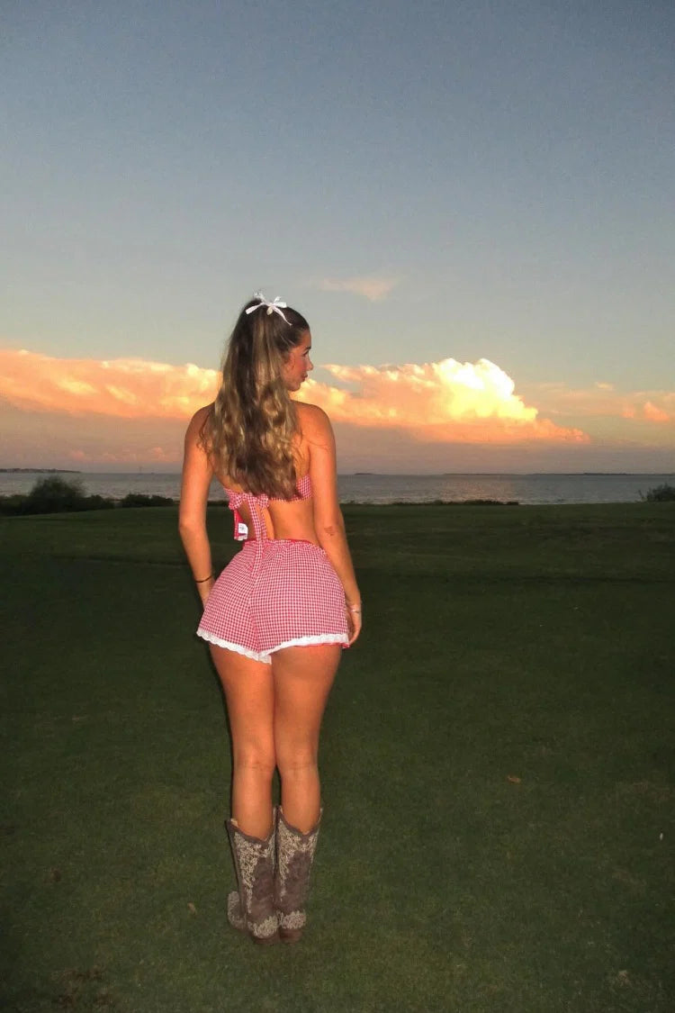 Arnie Red Gingham Broderie Lace Shorts | Beginning Boutique US