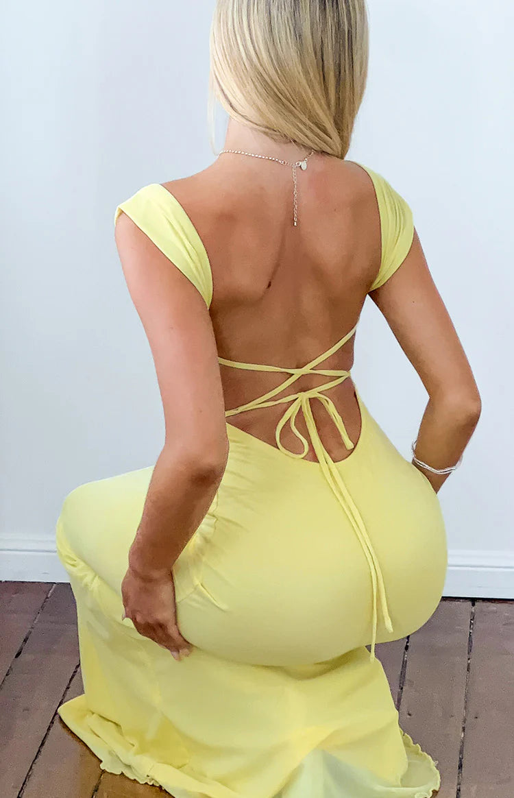 Beverley Yellow Mesh Maxi Dress - US 2 | Beginning Boutique Exclusive