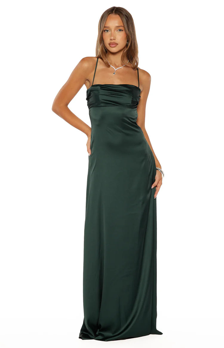 Blaise Emerald Satin Maxi Dress - US 4 | Beginning Boutique Exclusive Blaise Emerald Satin Maxi Dress - US 4 | Beginning Boutique Exclusive