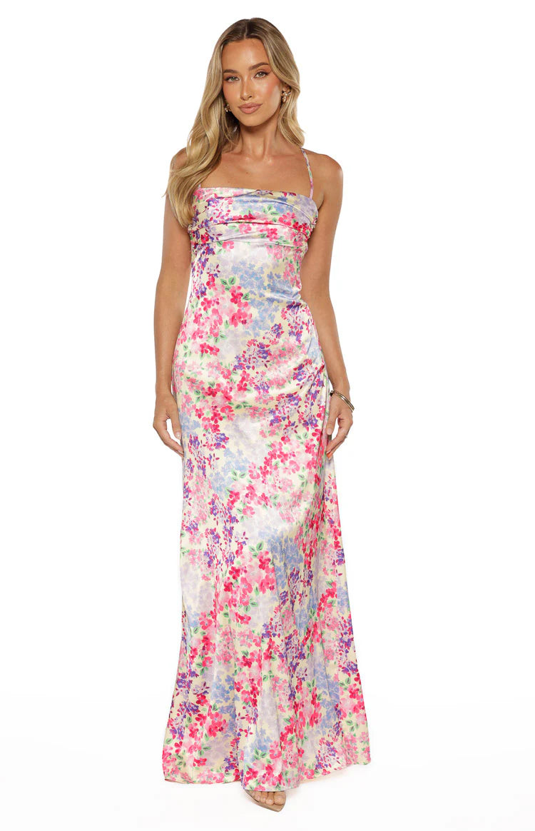 satin floral maxi dress Blaise Multi Floral Satin Maxi Dress - US 8
