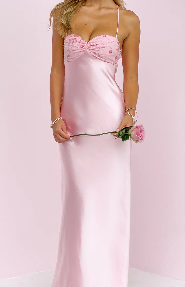 Chilli Pink Beaded Bust Satin Maxi Dress - US 6 | Beginning Boutique Exclusive Chilli Pink Beaded Bust Satin Maxi Dress - US 6 | Beginning Boutique Exclusive