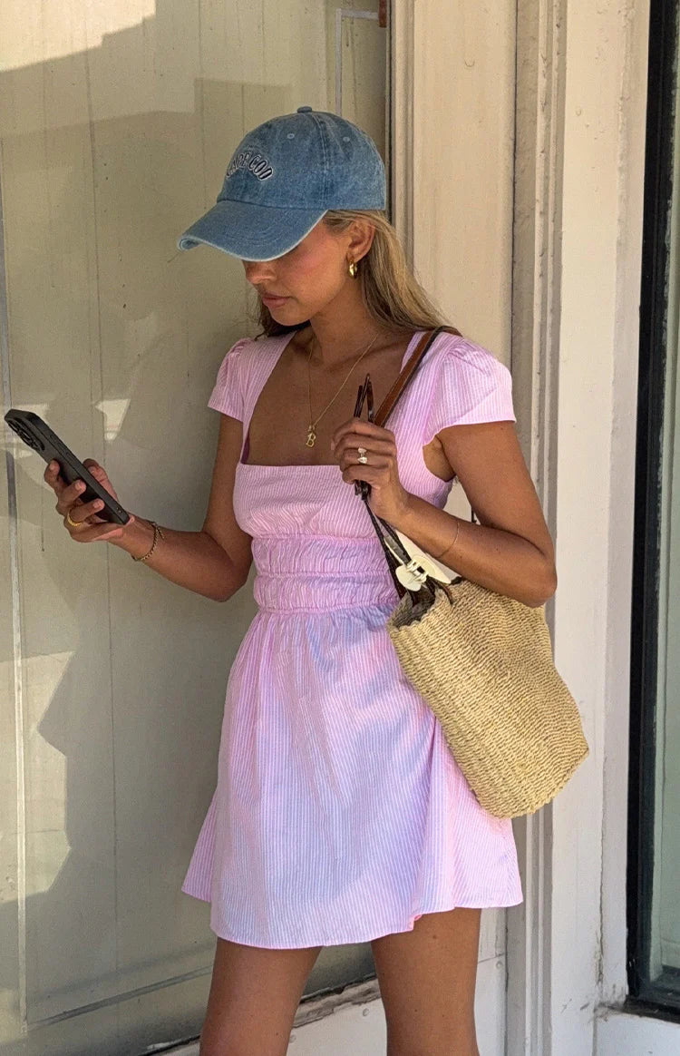 Clairo Light Pink Stripe Cap Sleeve Mini Dress - 8