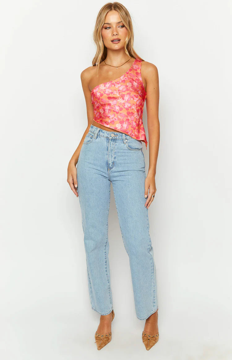 Claudi Orange And Pink Satin One Shoulder Top | Beginning Boutique US