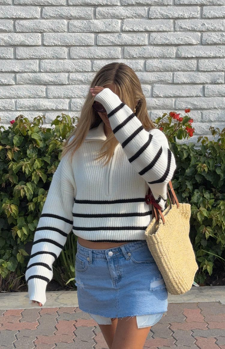 Copenhagen Cream Stripe Quarter Zip Knit Jumper | Beginning