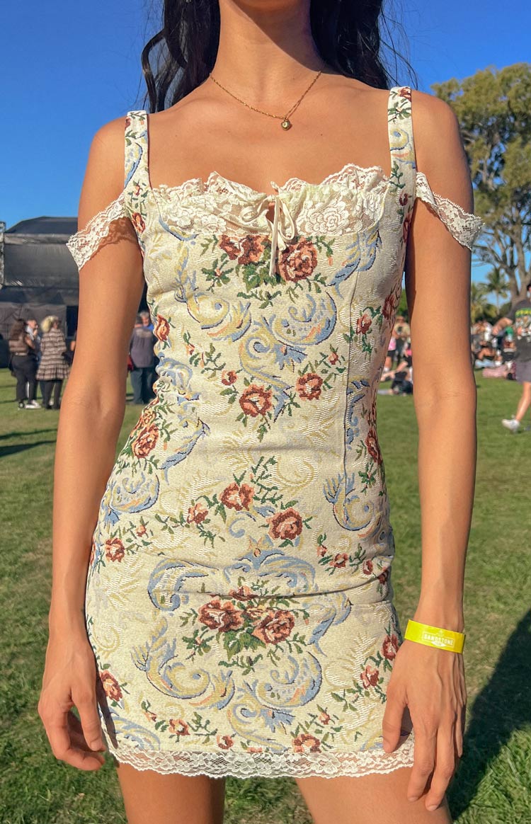 Daydreaming Beige Tapestry Mini Dress - US 2 | Beginning Boutique Exclusive Daydreaming Beige Tapestry Mini Dress - US 2 | Beginning Boutique Exclusive