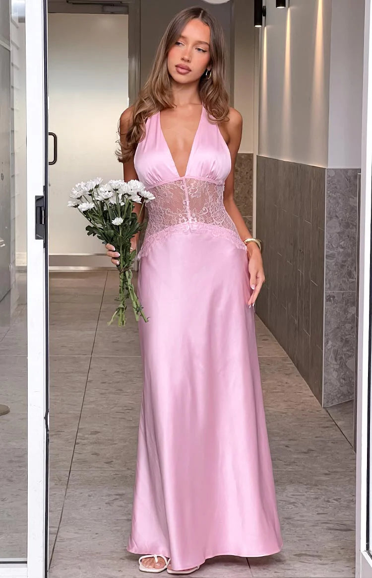 Divandi Pink Lace Halter Neck Formal Maxi Dress - US 10 | Beginning Boutique Exclusive Divandi Pink Lace Halter Neck Formal Maxi Dress - US 10 | Beginning Boutique Exclusive