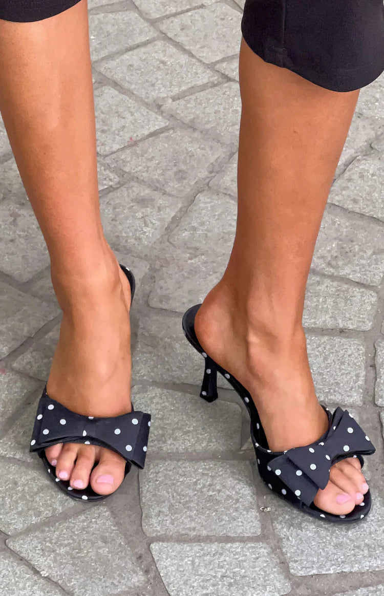 Beginning Boutique Eden Black Polka Dot Bow Front Heeled Mules | Beginning Boutique