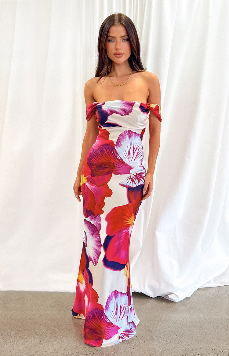 Ella Pink Floral Print Off Shoulder Formal Dress Beginning