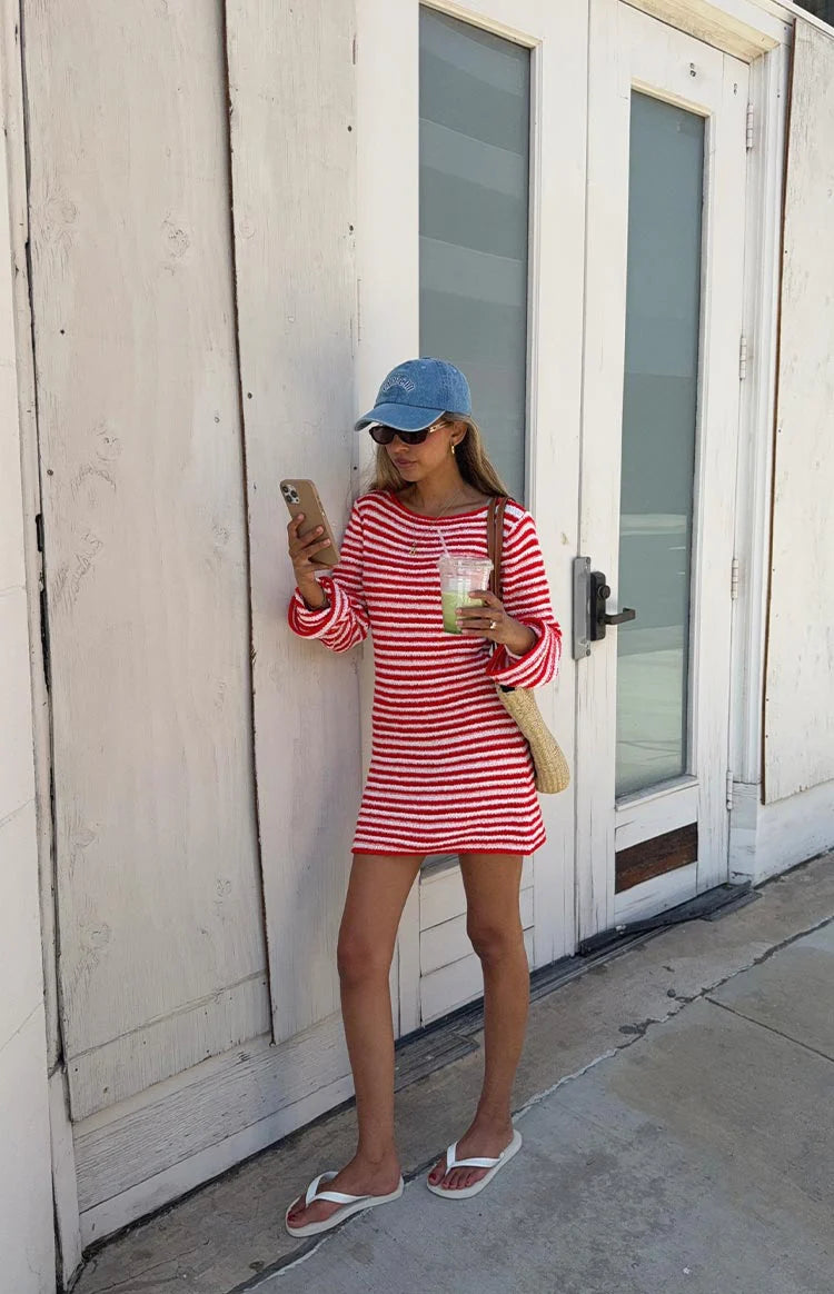 open lace back dress Elmer Red Stripe Long Sleeve Knit Mini Dress