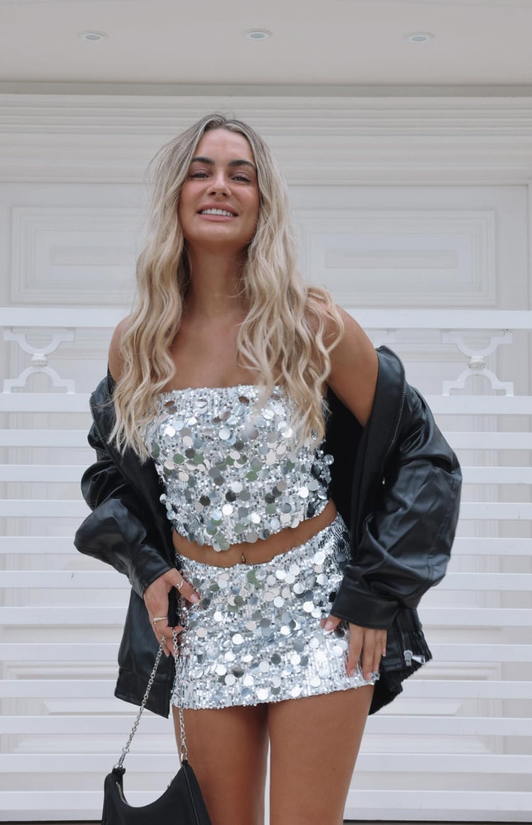 Beginning Boutique Emiko Silver Sequin Mini Skirt