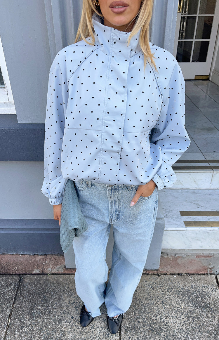 Beginning Boutique Erin Blue Polka Dot Funnel Neck Sports Jacket | Beginning Boutique