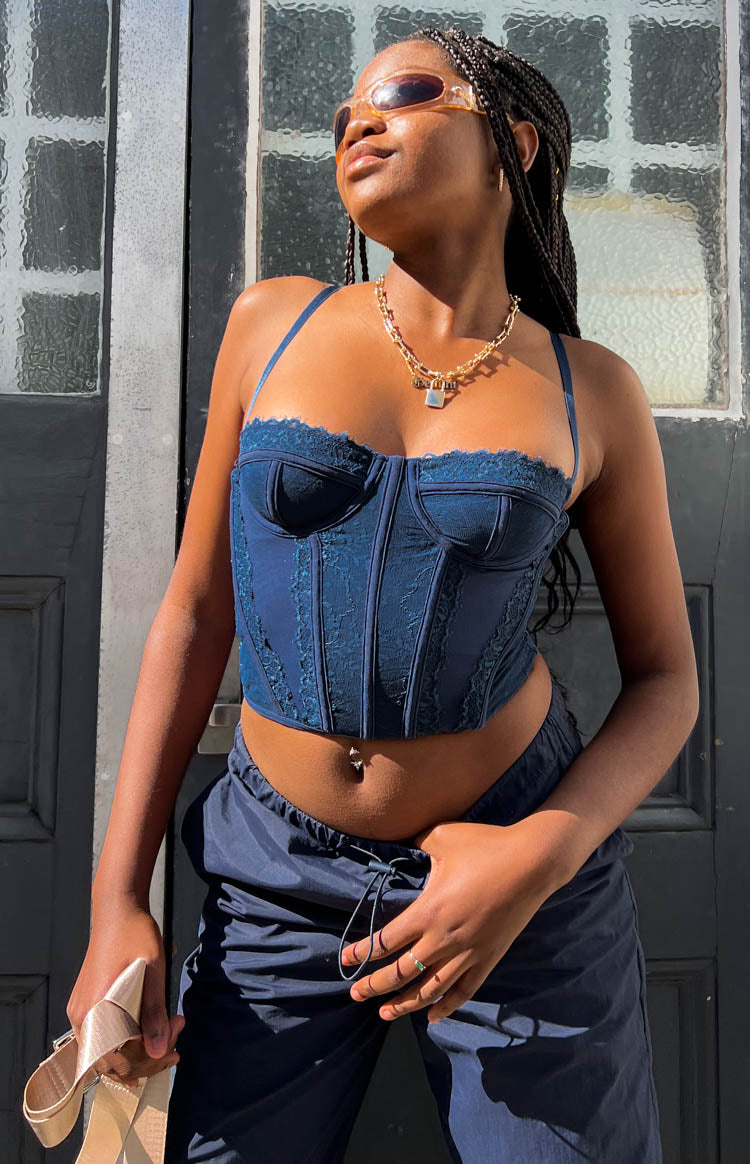 Evangeline Blue Lace Corset Top Beginning Boutique US