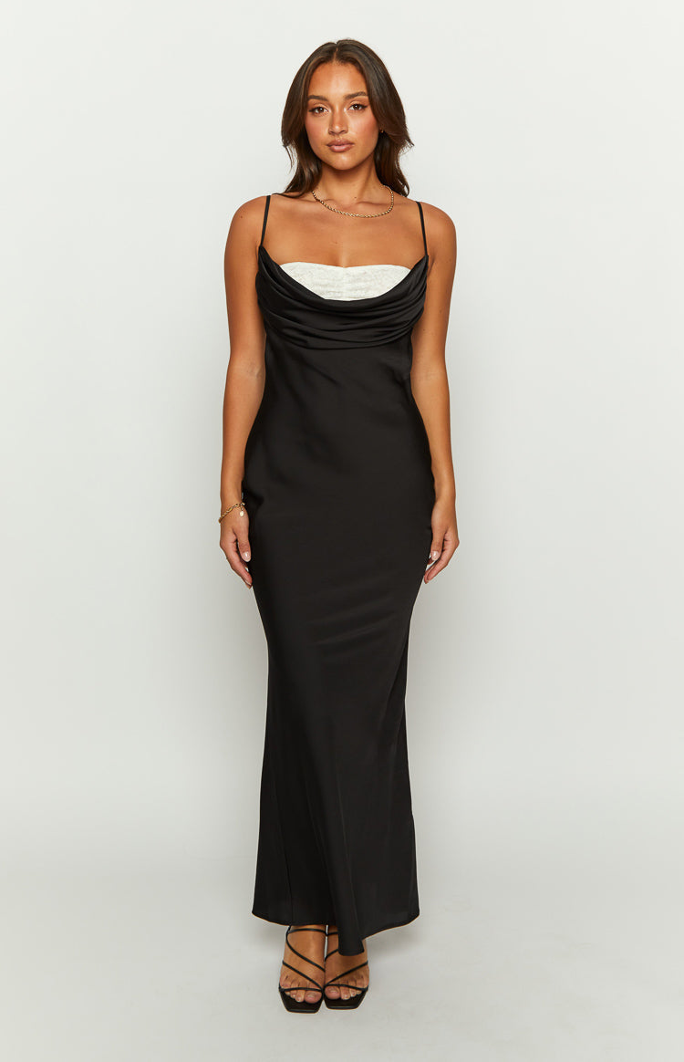 Evelyn Lace Detail Black Satin Maxi Dress | Beginning Boutique US