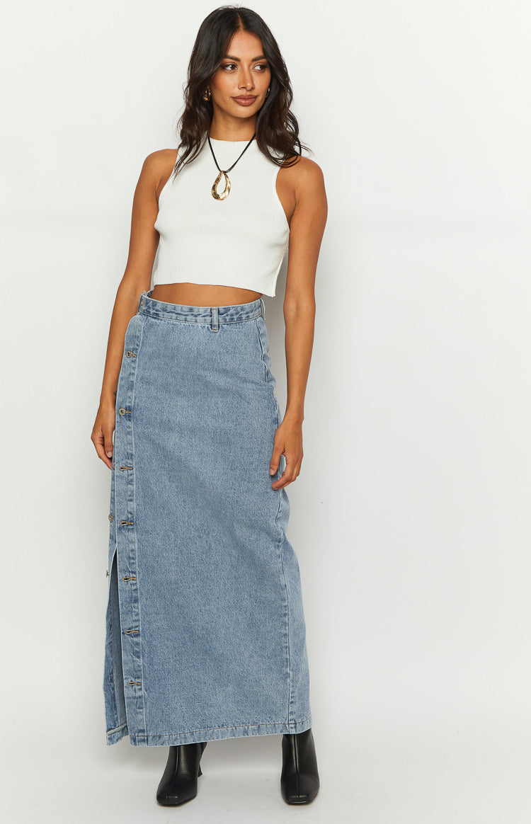 Fazio Button Side Denim Maxi Skirt Beginning Boutique US