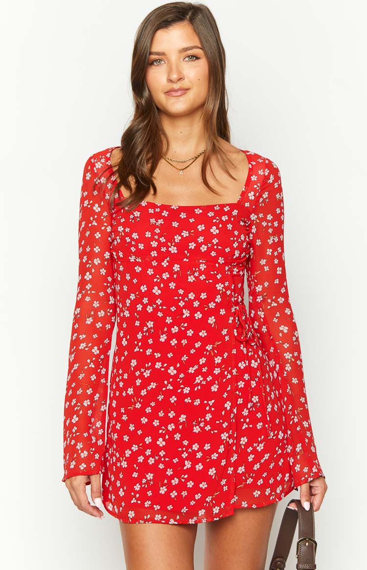 Goldie Red Floral Long Sleeve Mini Dress Image