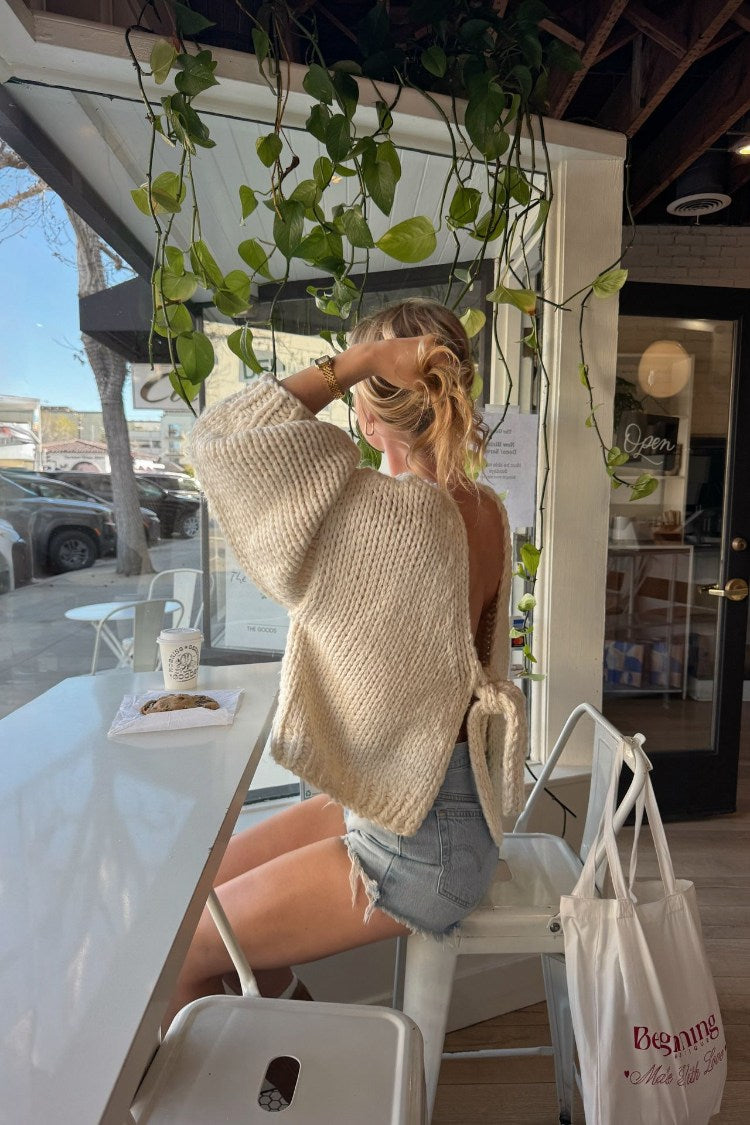 Holiday Cream Tie Up Knit Cardigan | Beginning Boutique US