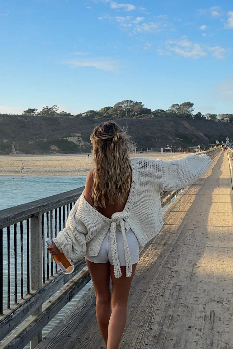 Holiday Cream Tie Up Knit Cardigan | Beginning Boutique US
