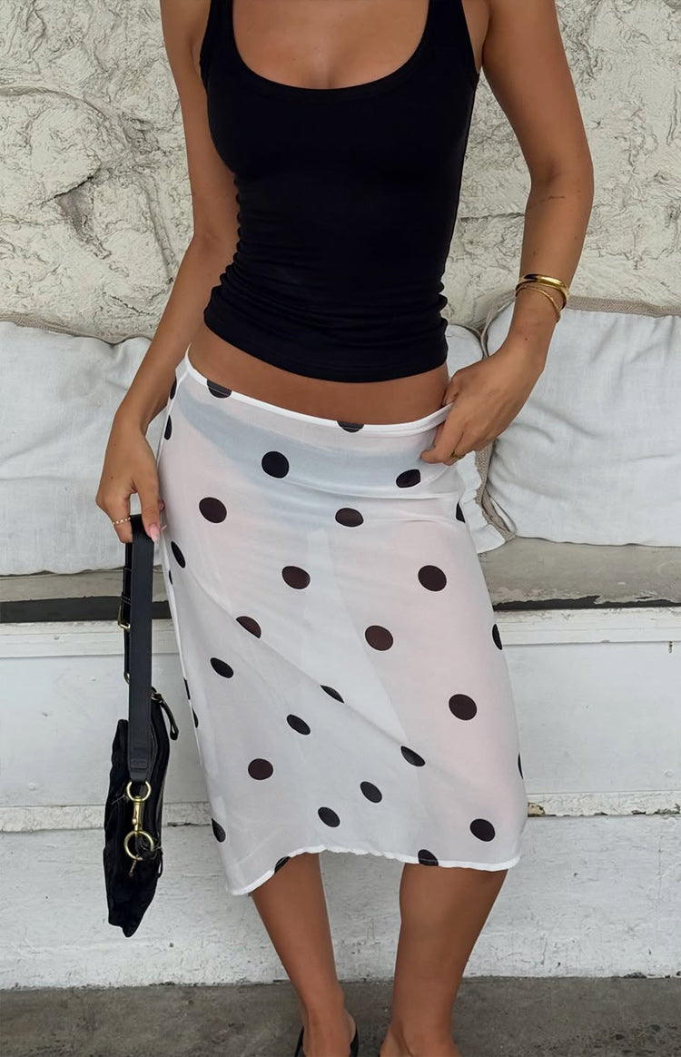 Beginning Boutique Jordan White Polka Dot Sheer Midi Skirt | Beginning Boutique