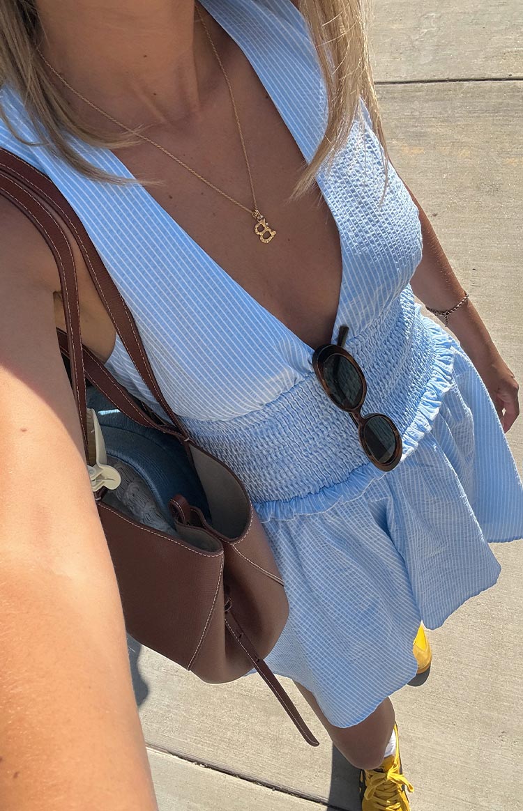 glendon mini dress blue Juna Light Blue Stripe Shirred Mini Dress