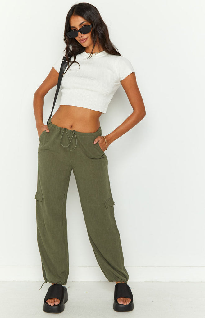 Cropped Cargo Pantshigh Waist Khaki Cargo Pants For Women - Button Fly,  Solid Color, Spring/summer