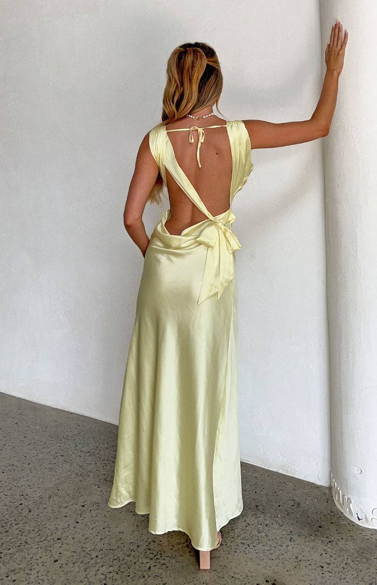 Laria Yellow Satin Formal Maxi Dress Beginning Boutique US