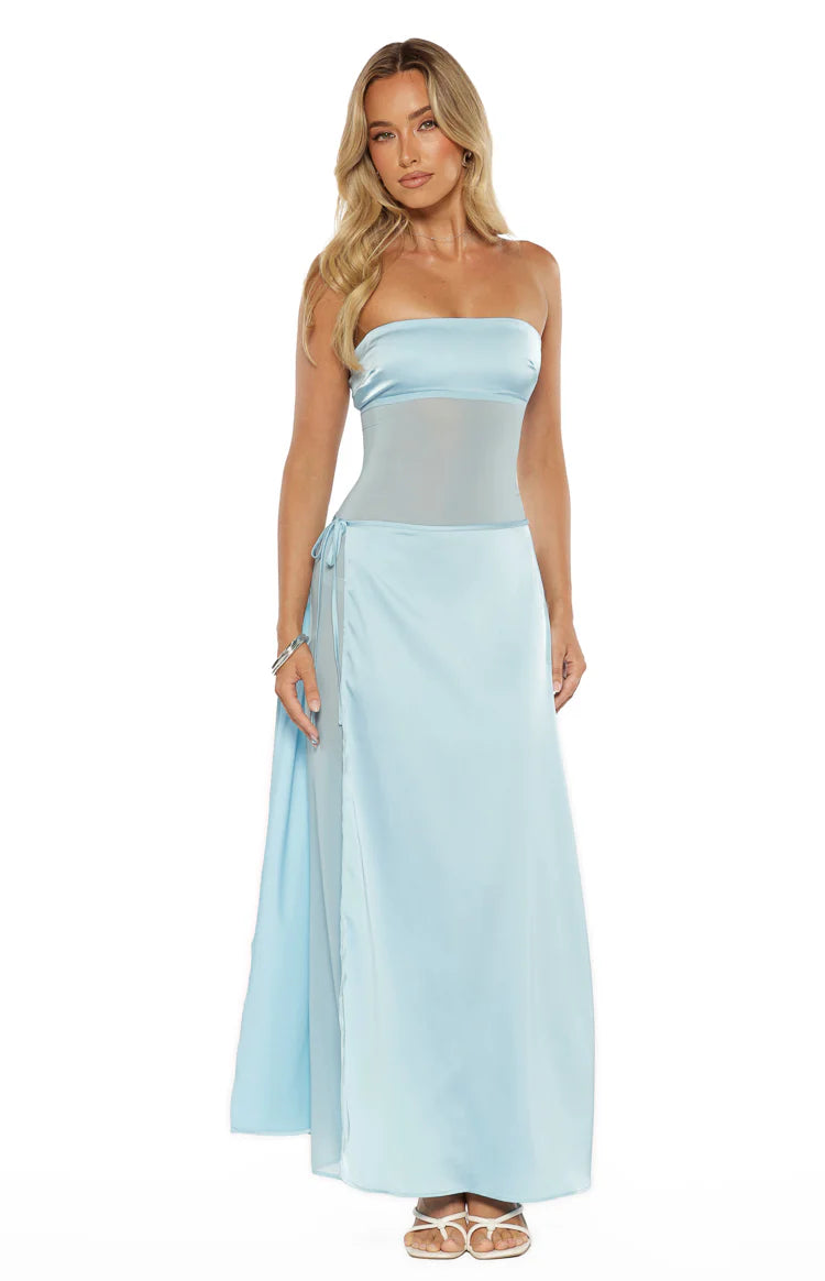 maxi dress wrap front Lidia Blue Wrap Front Maxi Dress - US 2