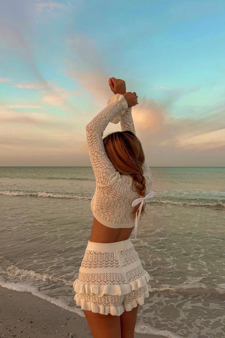 Lorri White Knit Ruffle Shorts | Beginning Boutique US