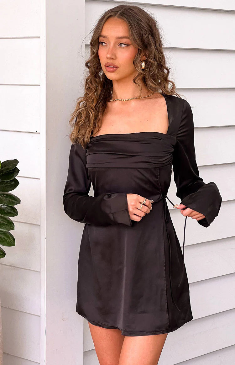 fitted lace wedding dress Lucy Black Satin Long Sleeve Mini Dress fitted lace wedding dress Lucy Black Satin Long Sleeve Mini Dress