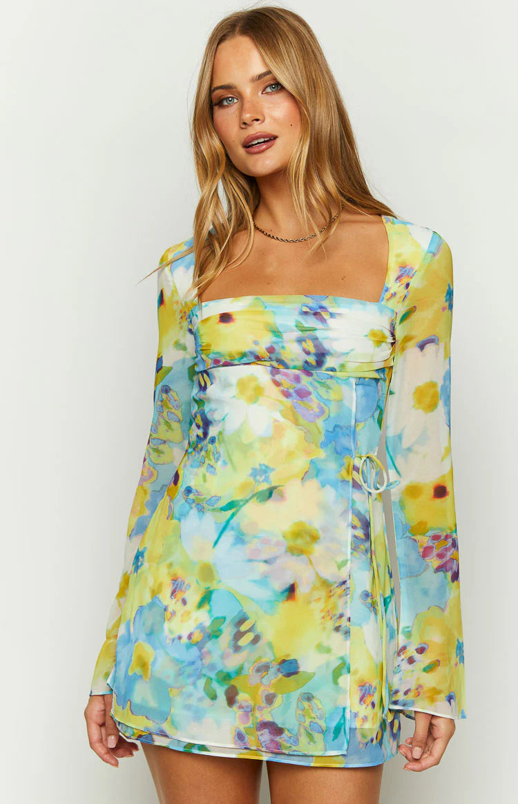 chinese dress ladies Lucy Blue Floral Long Sleeve Mini Dress - US 4