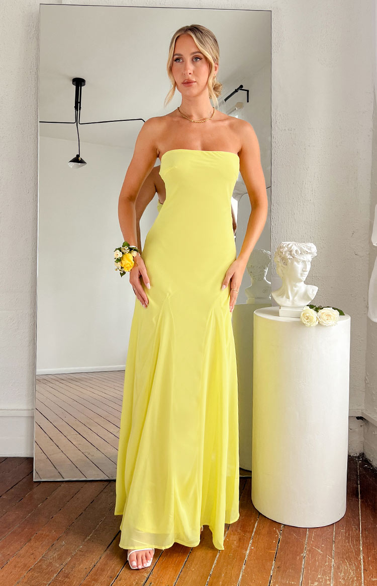 Beginning Boutique Pale Yellow Long Dress Strapless Light Yellow