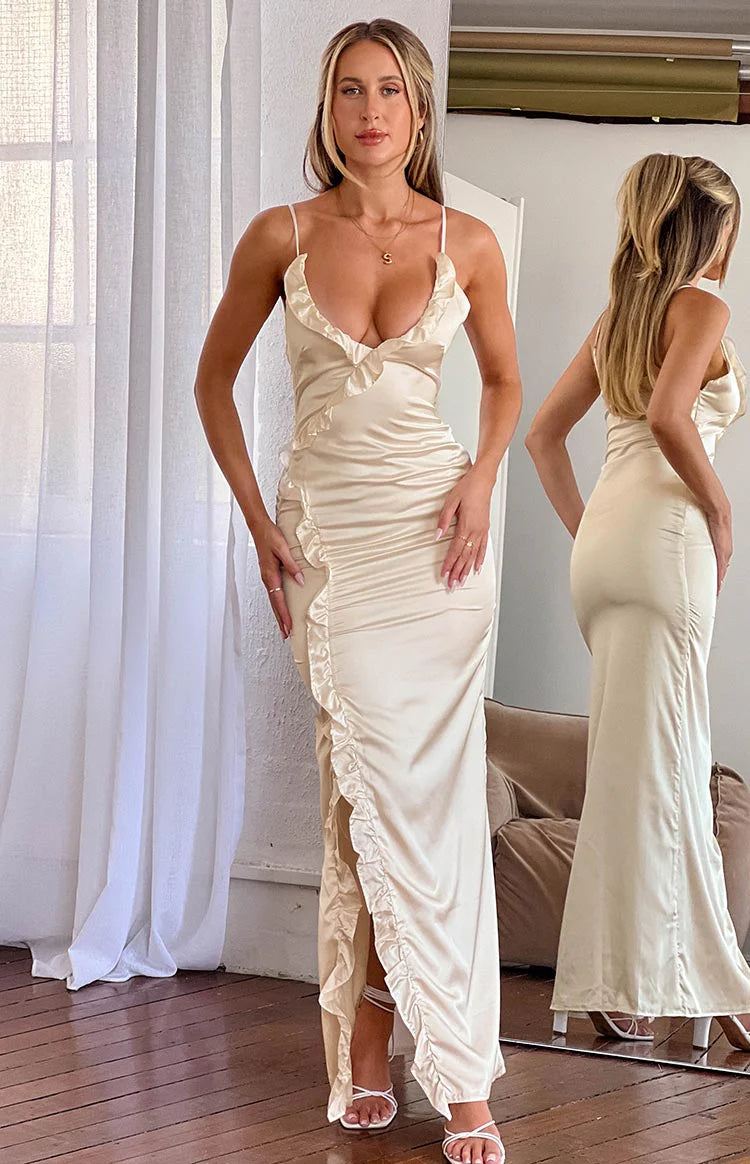 Nahanee Cream Satin Ruffle Maxi Dress - US 6 | Beginning Boutique Exclusive Nahanee Cream Satin Ruffle Maxi Dress - US 6 | Beginning Boutique Exclusive