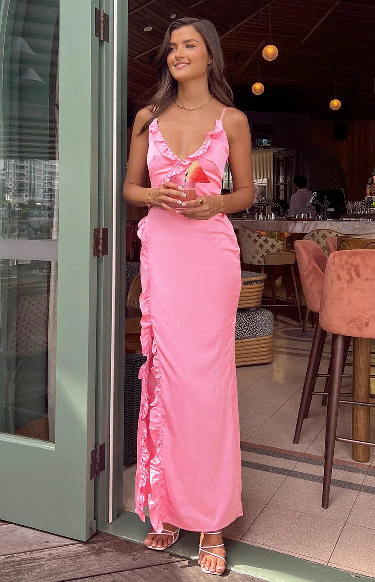 fitted lace wedding dress Nahanee Pink Satin Ruffle Maxi Dress - US 10