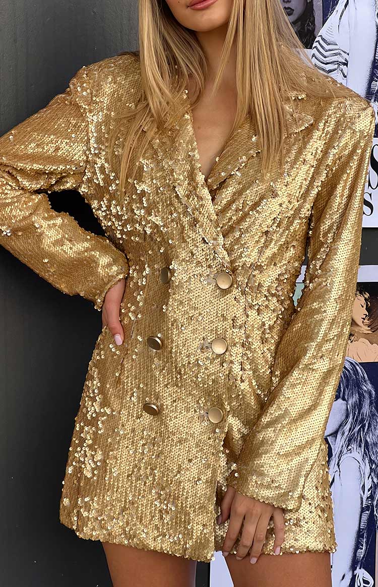 Natalie Gold Sequin Blazer Mini Dress - US 2 | Beginning Boutique exclusive Natalie Gold Sequin Blazer Mini Dress - US 2 | Beginning Boutique exclusive