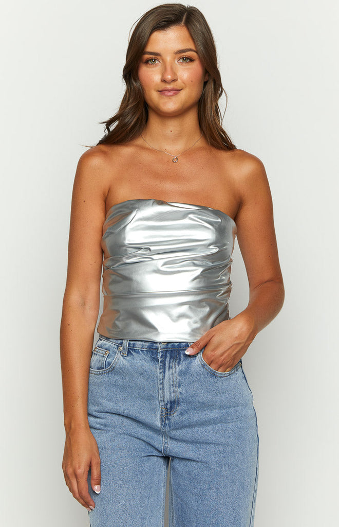 Never There Silver Metallic Strapless Top