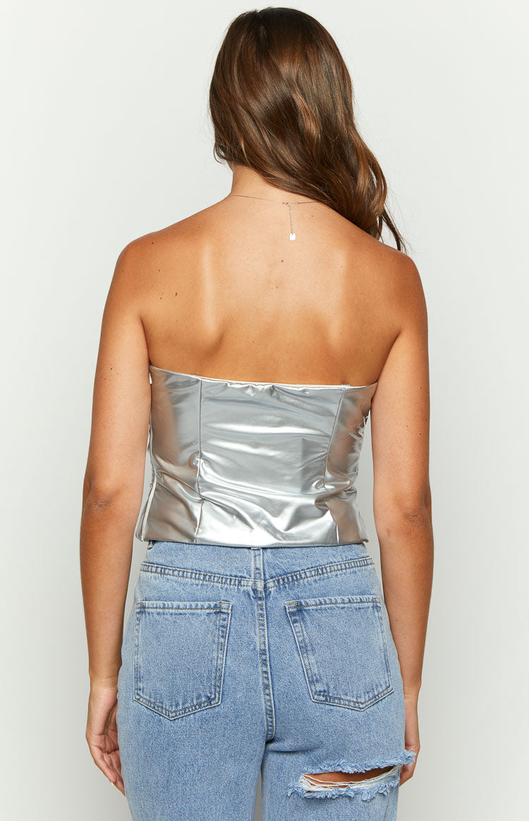 Never There Silver Metallic Strapless Top Image