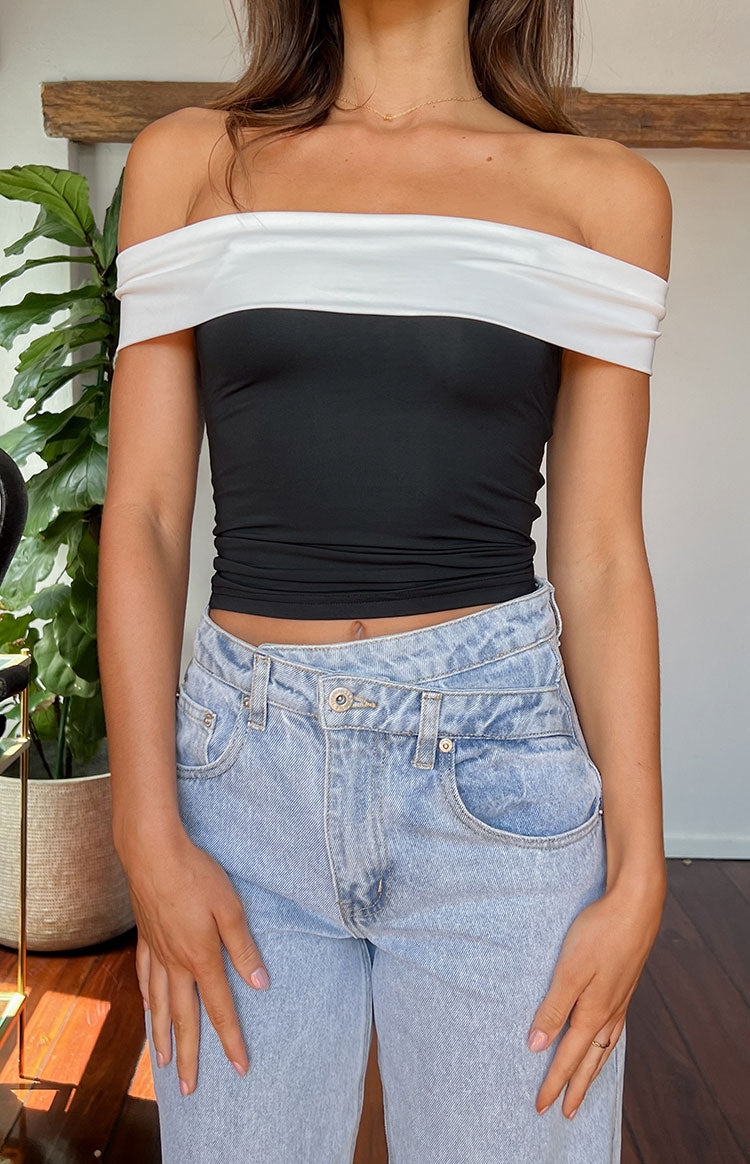 Paige Off Shoulder Black And White Contrast Top Beginning