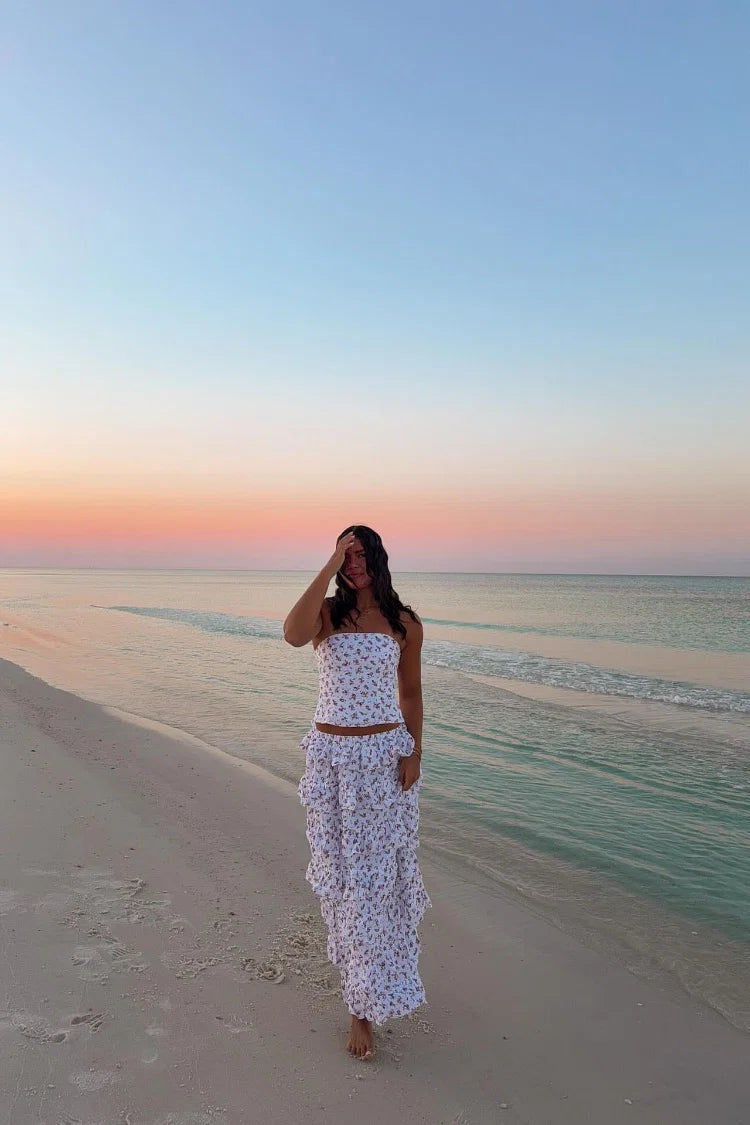 Paisley White Floral Ruffle Maxi Skirt - US 6 | Beginning Boutique Exclusive