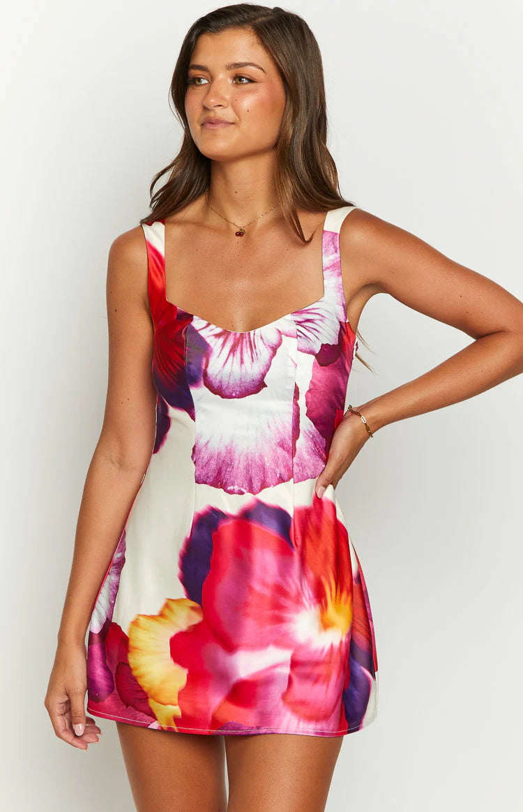 floral sleeveless mini dress Pansy Pink Floral Sleeveless Mini Dress - US 14