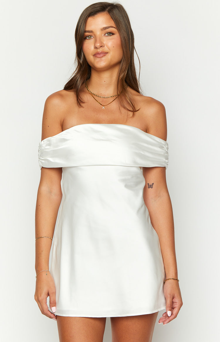 Primrose White Satin Off the Shoulder Mini Dress Image