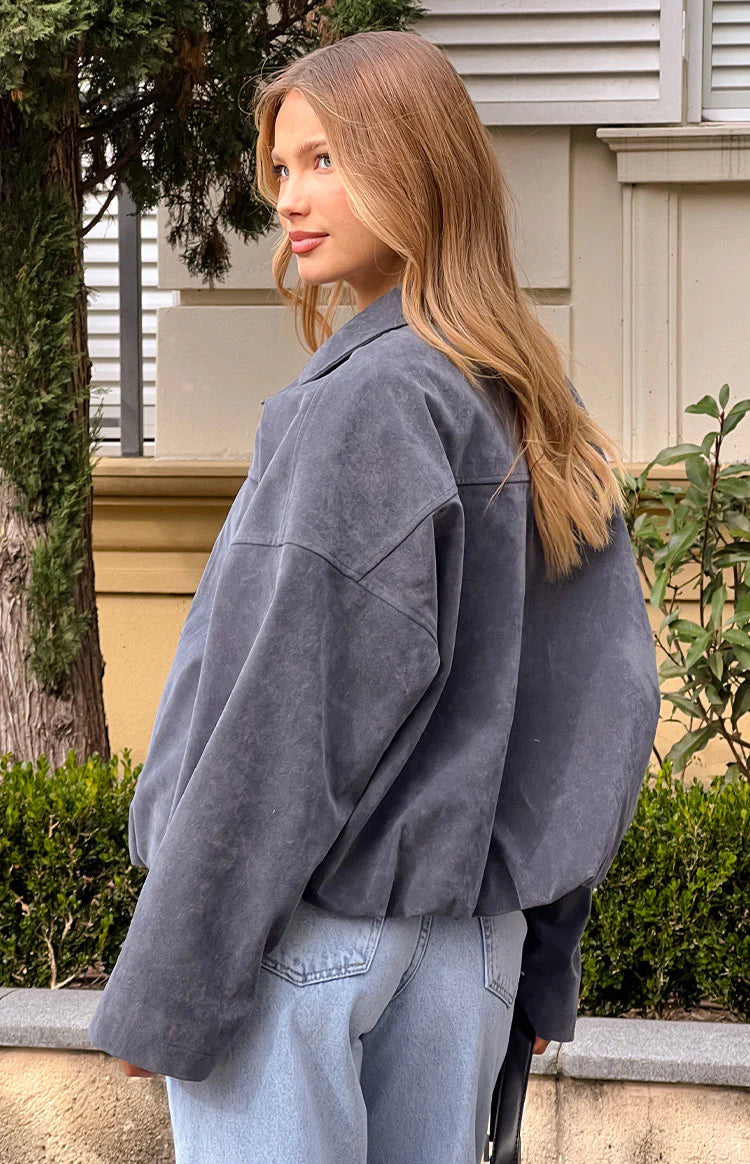 River Steel Grey Suedette Bubble Hem Bomber Jacket | Beginning
