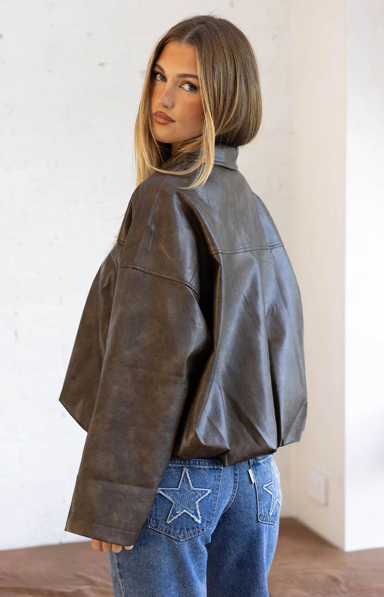 River Vintage Brown PU Bubble Hem Bomber Jacket | Beginning