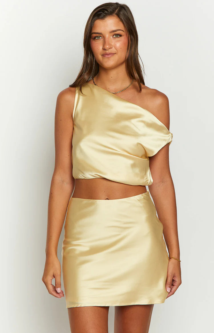 crop top off shoulder dress Scotlyn Yellow Satin Off The Shoulder Crop Top - US 10
