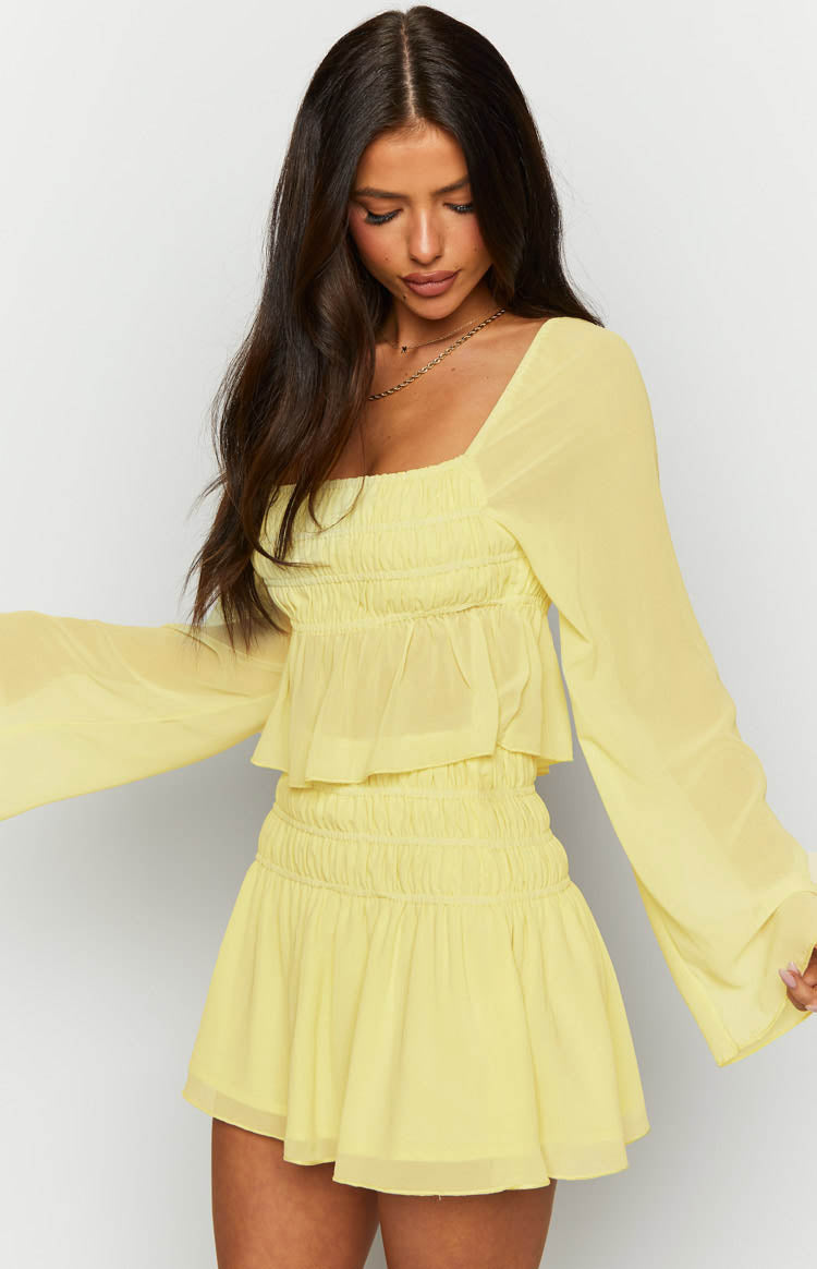 Sean Yellow Chiffon Long Sleeve Top - US 14