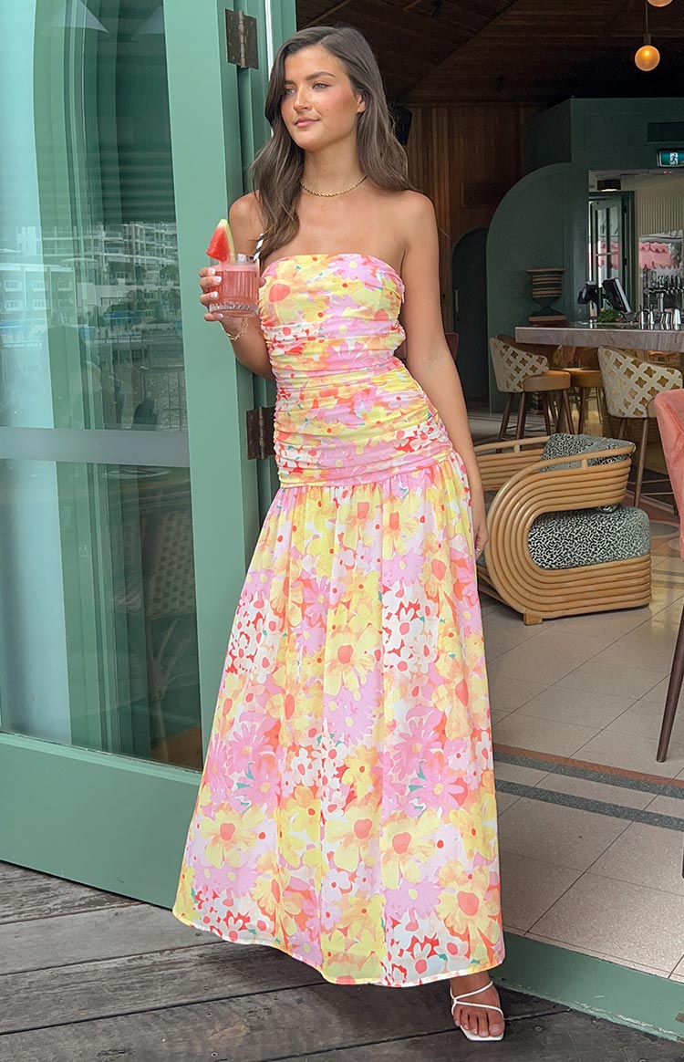 Sinclair Yellow Floral Print Strapless Maxi Dress - US 2