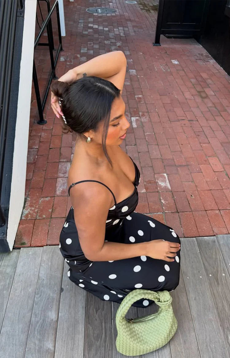 black satin polka dot dress Zapakasa Women Black and White Satin Short Polka Dot Dress Deep V-Neck A  Line Summer Dress main image 1