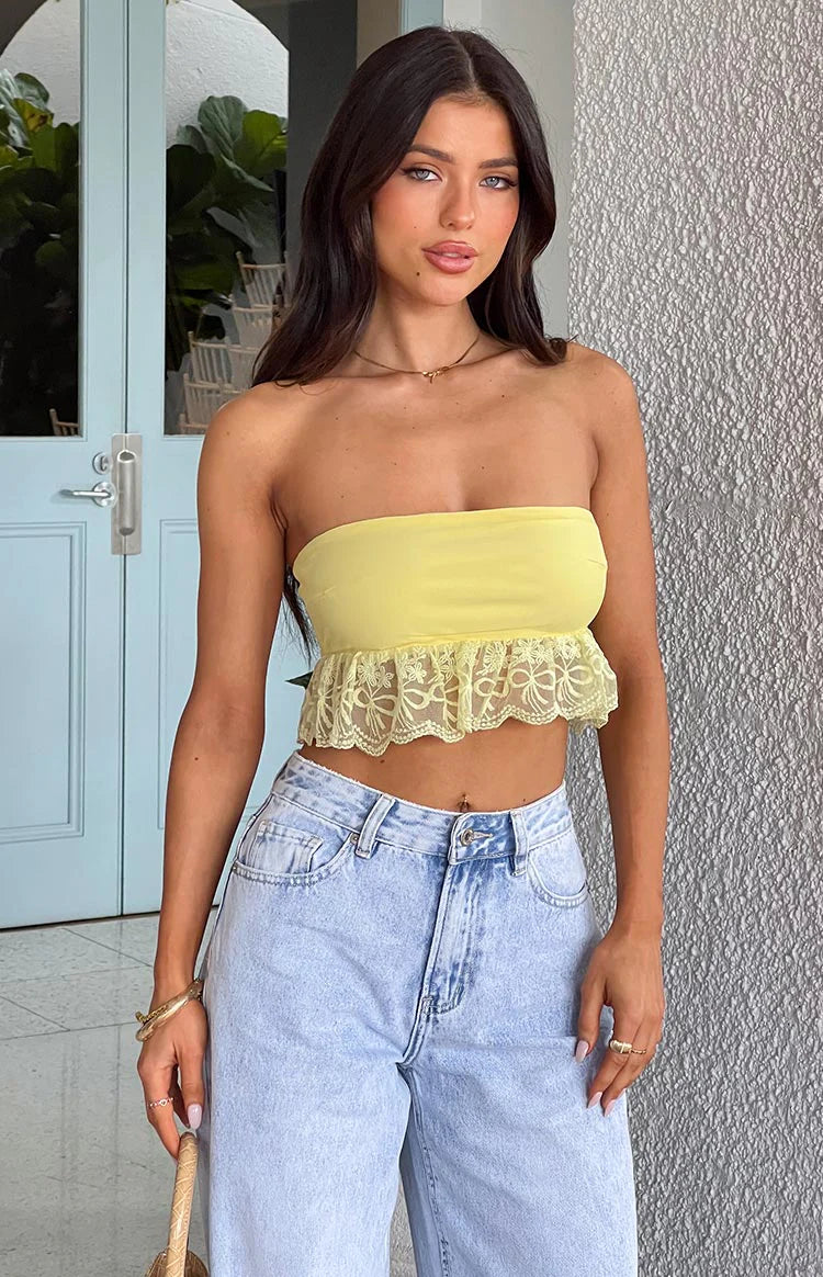 Sparrow Yellow Lace Frill Strapless Crop Top - US 6 | Beginning Boutique Exclusive Sparrow Yellow Lace Frill Strapless Crop Top - US 6 | Beginning Boutique Exclusive