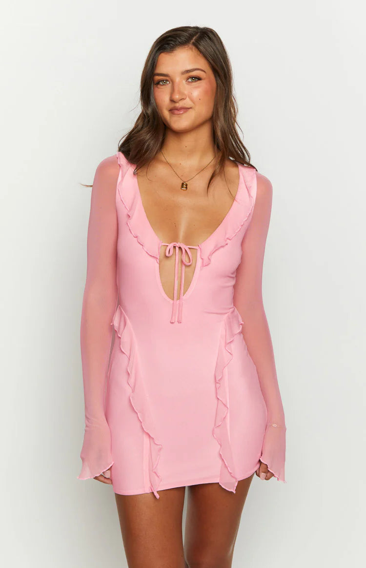 Surround Sound Pink Mesh Long Sleeve Mini Dress - US 8