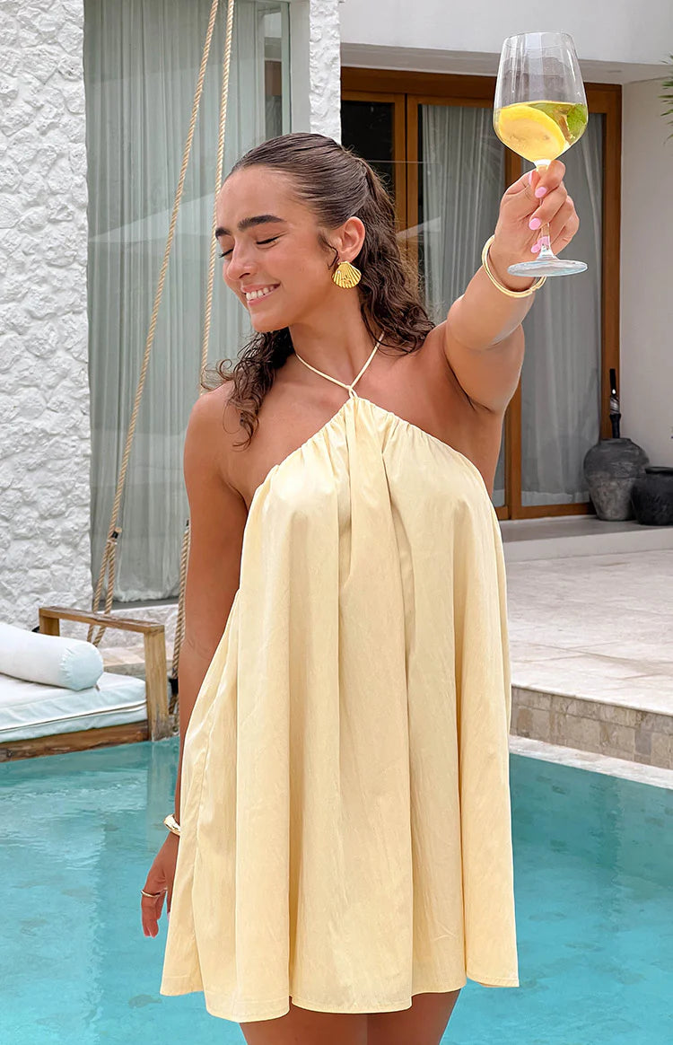 knee length dresses for ladies Yellow Halter Plunge Neck Mini Dress